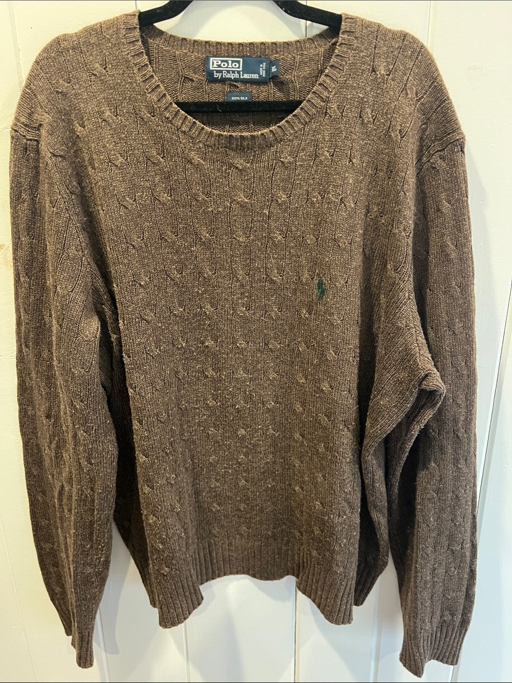 Polo by Ralph Lauren Brown Cable Crewneck Sweater with Green Pony 100% silk